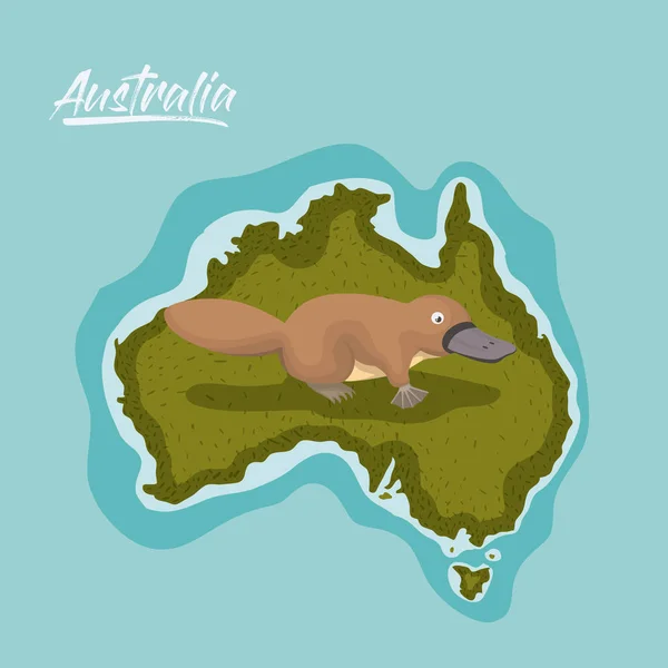 Näbbdjuret i Australien karta i grönt omgiven av havet — Stock vektor