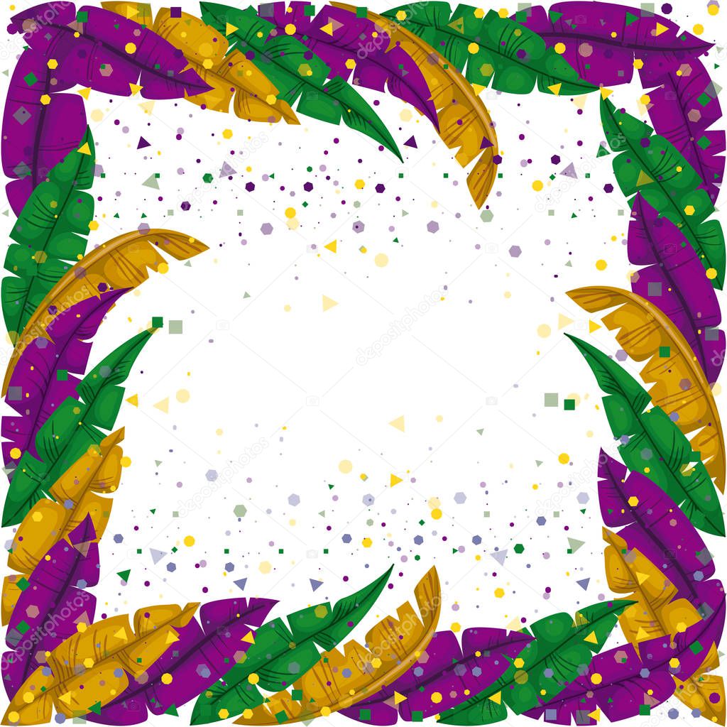 mardi gras frame with feathers and colorful confetti background