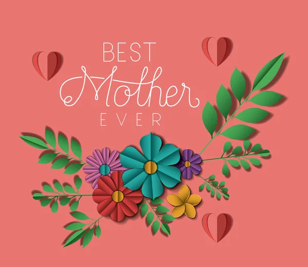 Feliz dia das mães com decoração floral e cartão de corações —  Vetores de Stock