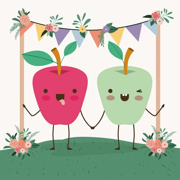 แอปเปิ้ลน่ารักคู่ในภูมิทัศน์ Kawaii ตัวละคร — ภาพเวกเตอร์สต็อก