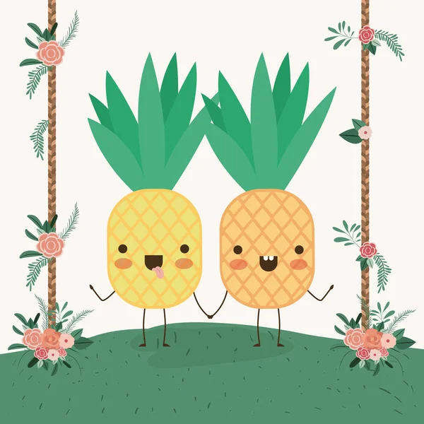 Carino ananas coppia nel paesaggio kawaii personaggio — Vettoriale Stock