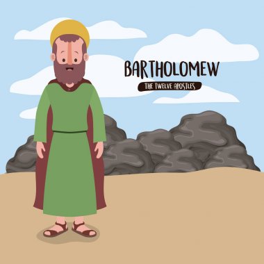 the twelve apostles poster with bartholomew in scene in desert next to the rocks in colorful silhouette clipart