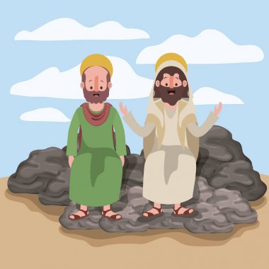 jesus the nazarene and bartholomew in scene in desert sitting on the rocks in colorful silhouette clipart