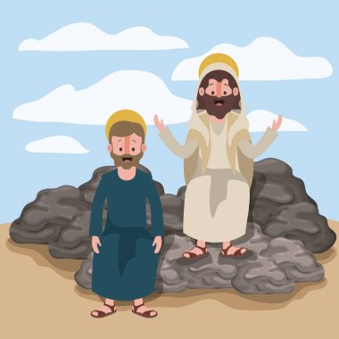 jesus the nazarene and james the lesser in scene in desert sitting on the rocks in colorful silhouette clipart