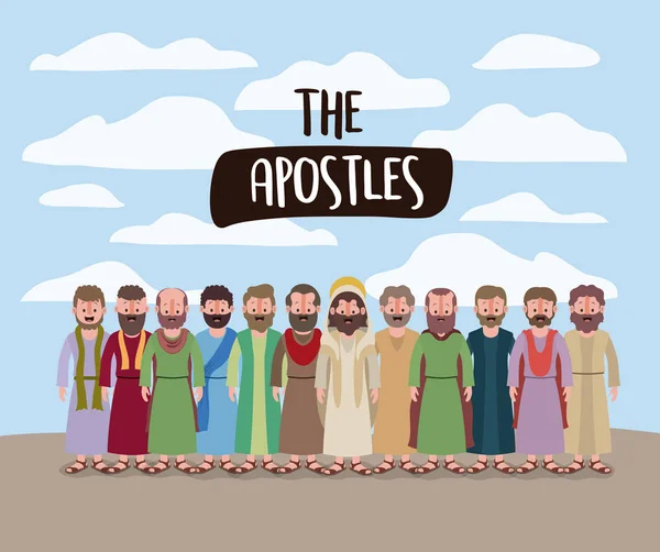 Gli apostoli e Gesù nella scena quotidiana nel deserto nella silhouette colorata — Vettoriale Stock
