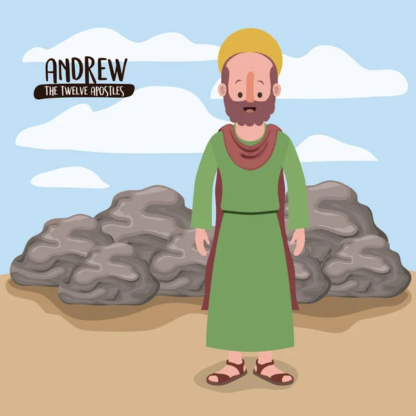 El cartel de los doce apóstoles con Andrew en escena en el desierto junto a las rocas en silueta colorida — Vector de stock