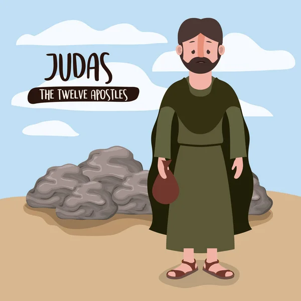 L'affiche des douze apôtres avec Judas en scène dans le désert à côté des rochers en silhouette colorée — Image vectorielle