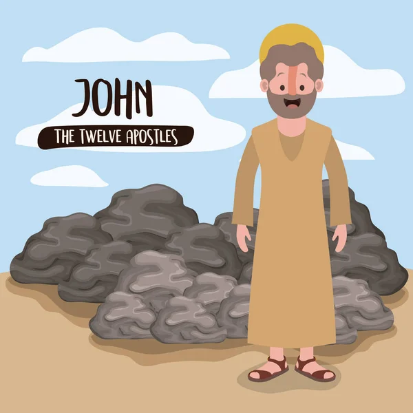 El cartel de los doce apóstoles con John en escena en el desierto junto a las rocas en silueta colorida — Vector de stock
