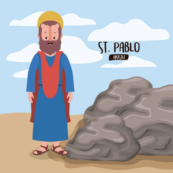El cartel de los doce apóstoles con san Pablo en escena en el desierto junto a las rocas en silueta colorida — Vector de stock