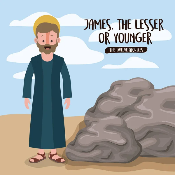 El cartel de los doce apóstoles con James el menor en escena en el desierto junto a las rocas en silueta colorida — Vector de stock