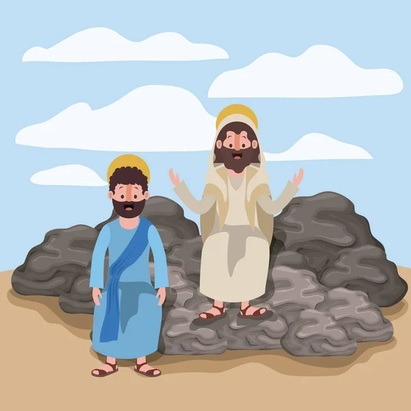 Jezus de Nazarener en philip in scène in desert zittend op de rotsen in kleurrijke silhouet — Stockvector