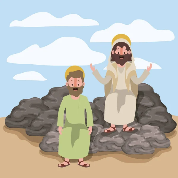 Jezus de Nazarener en thaddeus in scène in desert zittend op de rotsen in kleurrijke silhouet — Stockvector