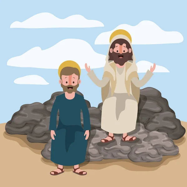 Jesus el nazareno y james el menor en escena en desierto sentado en las rocas en silueta colorida — Vector de stock