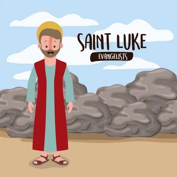 L'évangéliste saint luke dans la scène dans le désert à côté des rochers dans la silhouette colorée — Image vectorielle