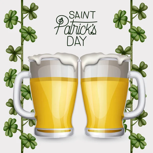 Den svatého Patrika plakát s dvěma džbánky na pivo a lezeckých rostlina jetel v barevné silueta nad bílým pozadím — Stockový vektor