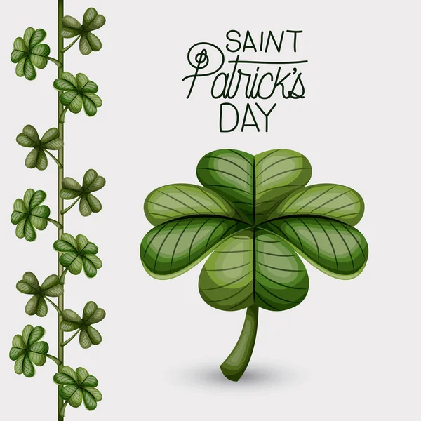 Affiche saint patricks jour avec trèfle de quatre feuilles et plante grimpante de trèfles en silhouette colorée sur fond blanc — Image vectorielle