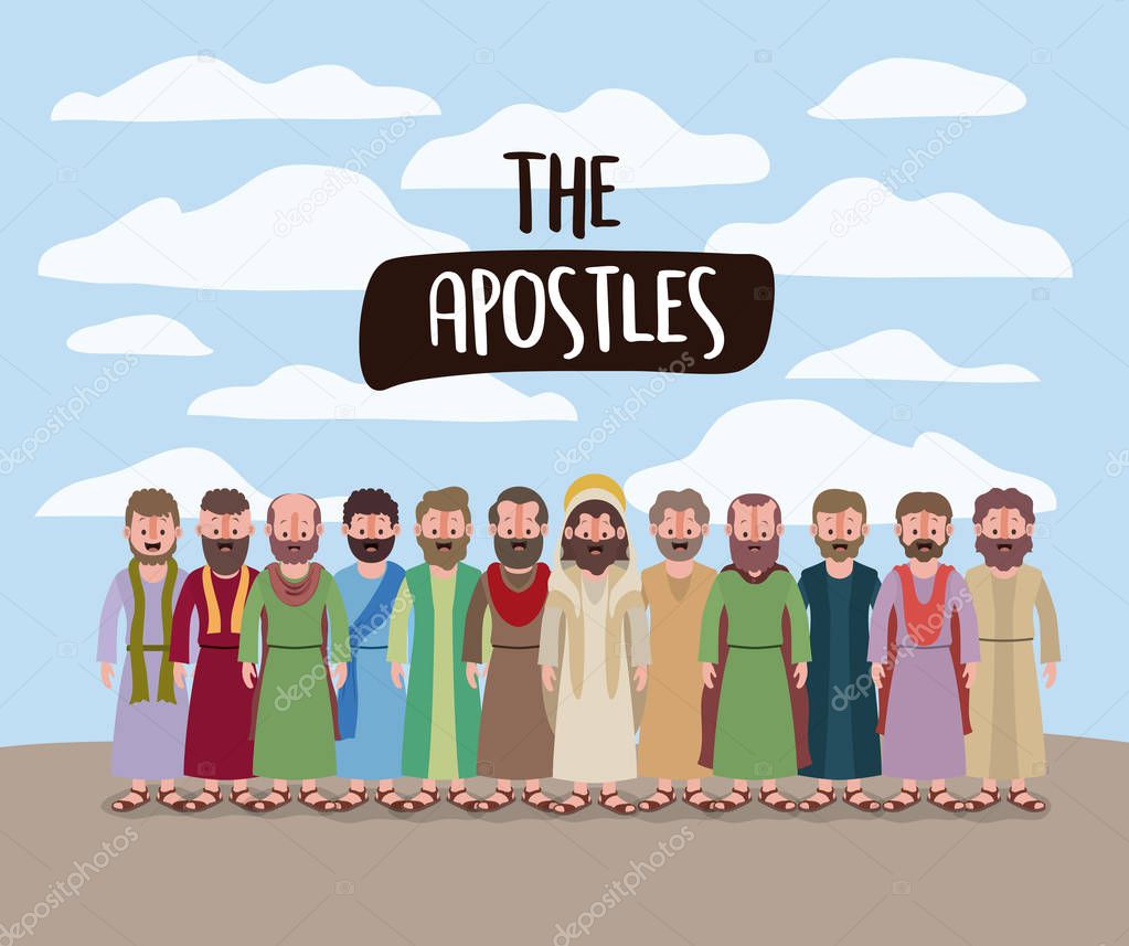 the apostles and jesus in daily scene in desert in colorful silhouette