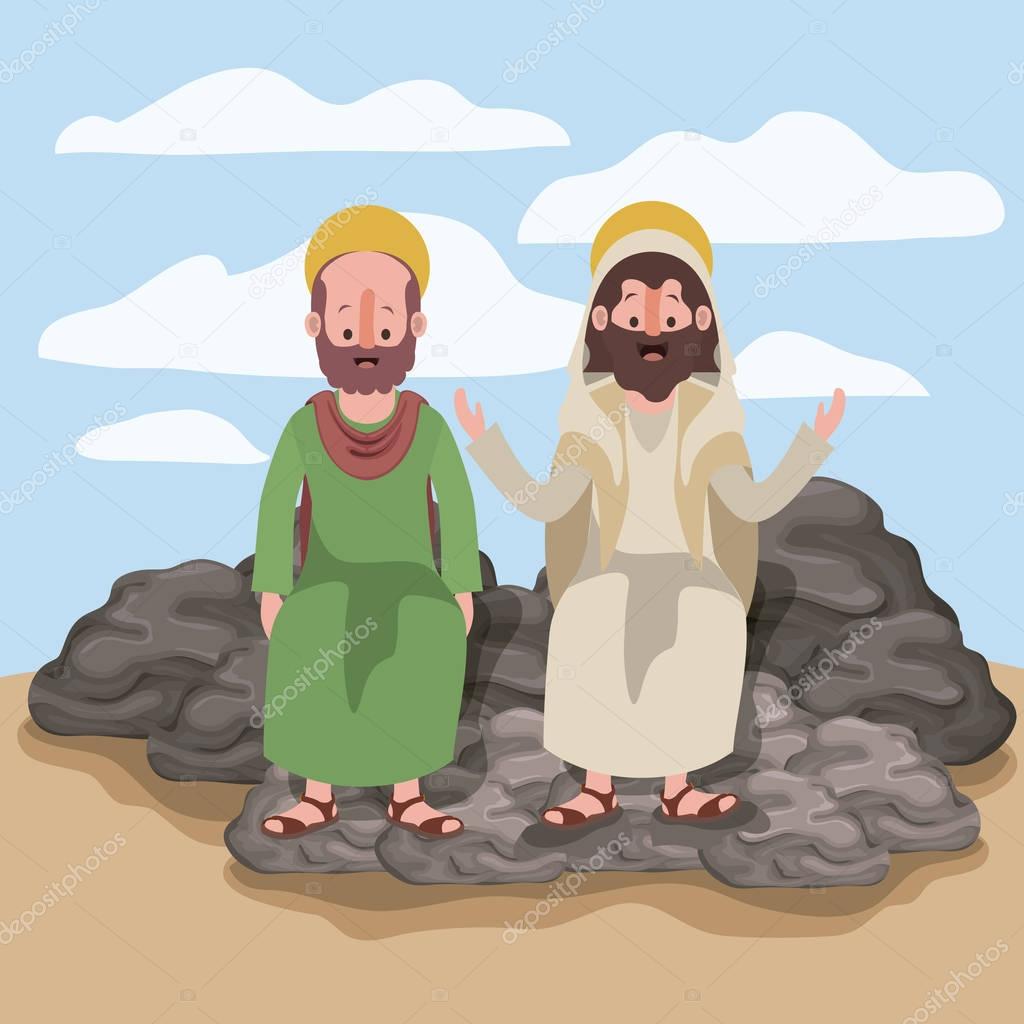 jesus the nazarene and bartholomew in scene in desert sitting on the rocks in colorful silhouette