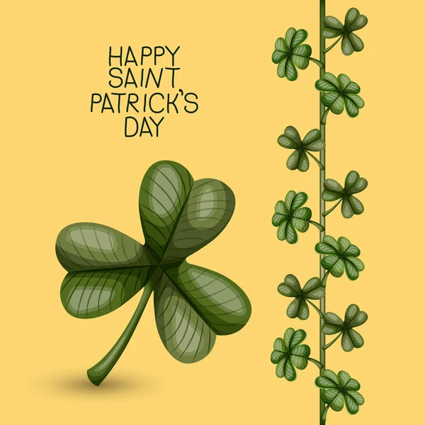 Affiche heureux saint patricks jour avec trèfle de trois feuilles et plante grimpante de trèfles en silhouette colorée sur fond jaune clair — Image vectorielle