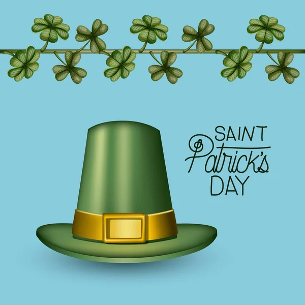 Poster saint patricks dag met groene top hat en klimmen plant van klaverblaadjes in kleurrijke silhouet op lichte blauwe achtergrond — Stockvector