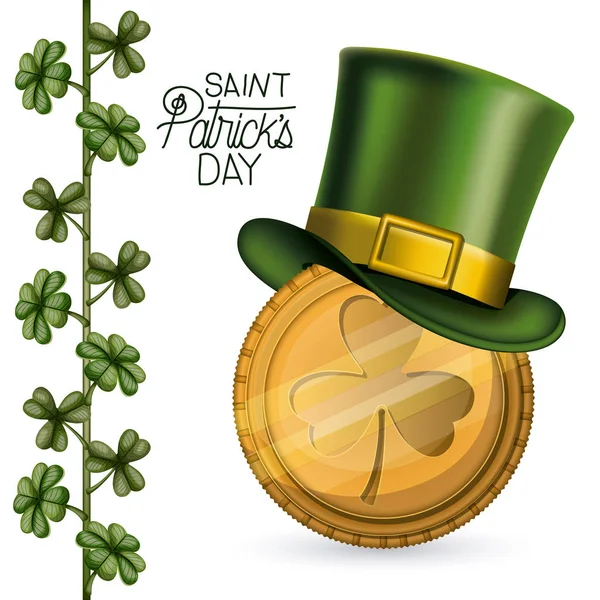 Affiche saint patricks jour avec pièce d'or avec emblème de trèfle et chapeau haut de forme et plante grimpante de trèfles en silhouette colorée sur fond blanc — Image vectorielle