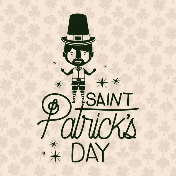 Poster saint patricks day with leprechaun in green color silhouette with background pattern of clovers — Stock Vector