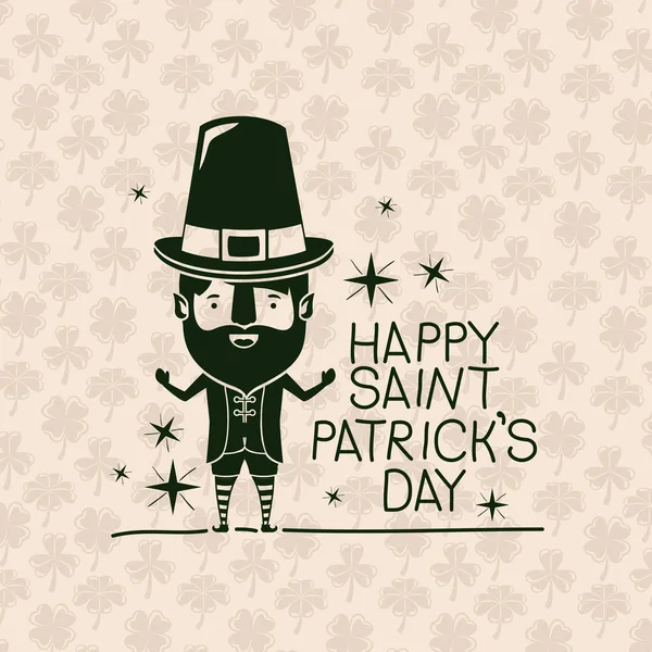 Poster happy saint patricks day with leprechaun in green color silhouette with background pattern of clovers — Stock Vector