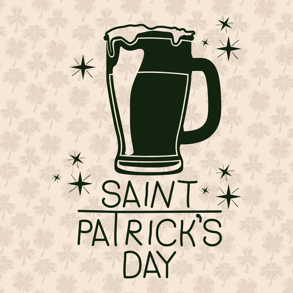 Plakat saint Patryka z kuflem piwa w zielony kolor sylwetka z tło wzór koniczyny — Wektor stockowy