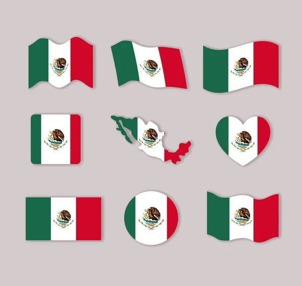 Colección de banderas de México siluetas de colores en muchas formas — Vector de stock