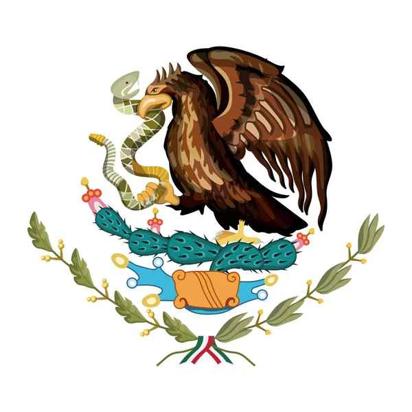 Emblema bandeira mexicana de silhueta colorida de águia com cascavel em pico sobre planta de cacto —  Vetores de Stock