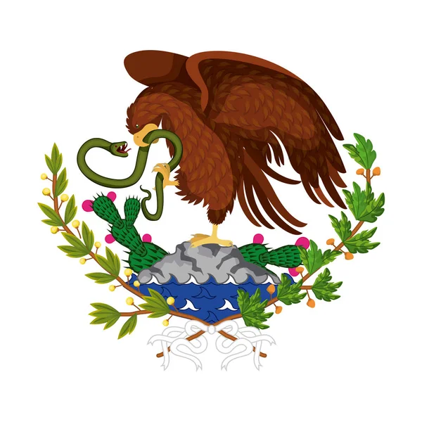 Emblema de bandera mexicana de silueta colorida de águila con serpiente en pico sobre roca y planta de cactus — Archivo Imágenes Vectoriales