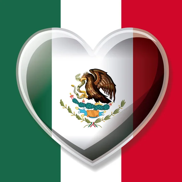 Bandeira mexicana silhueta colorida com coração 3D sobre emblema — Vetor de Stock
