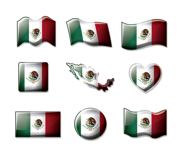 Colección de banderas 3D mexico siluetas de colores en muchas formas — Archivo Imágenes Vectoriales