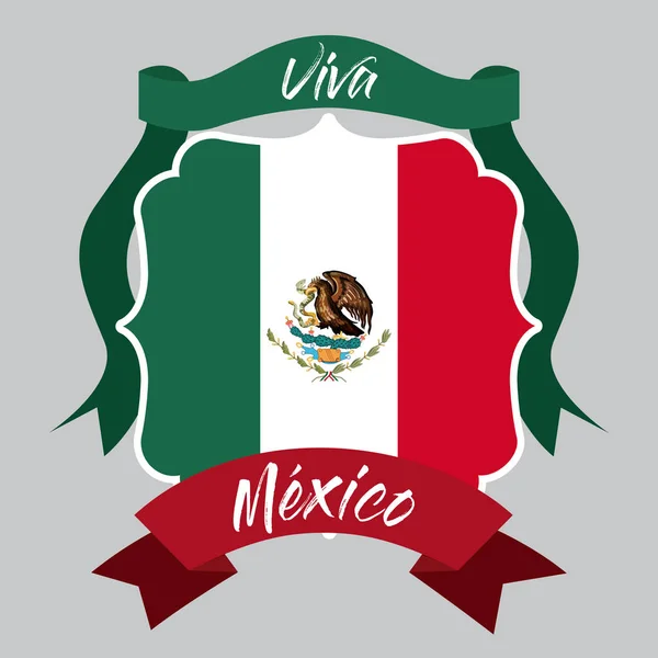 Viva bandera de insignia mexicana con cinta decorativa en silueta colorida — Vector de stock