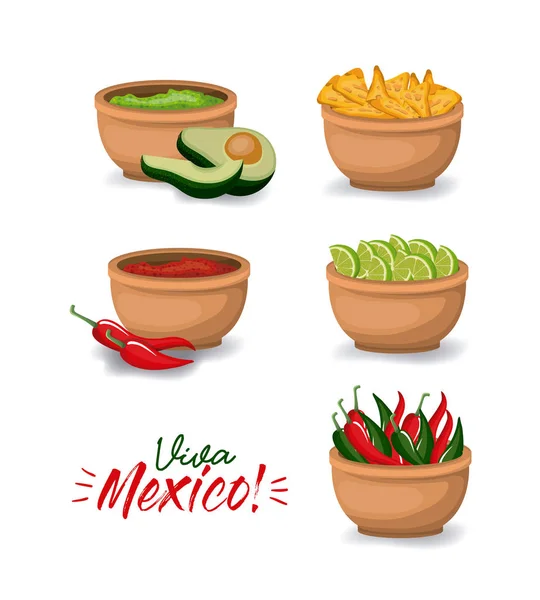 Viva México cartel colorido con cuencos de comida típica mexicana — Vector de stock