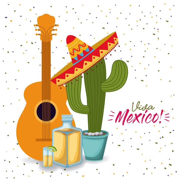 Viva mexico pôster colorido com tequila guitarra e cacto planta com chapéu mexicano —  Vetores de Stock