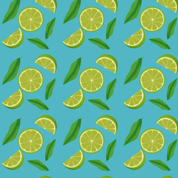 Lemon slices and leaves pattern in blue background — Stock Vector