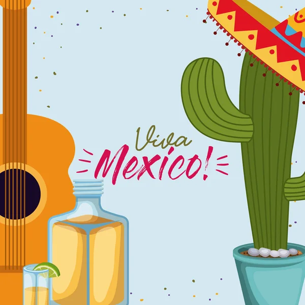 Viva mexico affiche colorée avec guitare et plante de cactus et bouteille de tequila — Image vectorielle