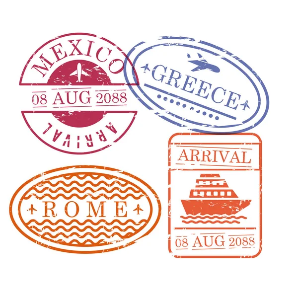 Ship and airplane travel stamps in oval and circular and rectangular shape of mexico greece and rome in colorful silhouette — Stock Vector