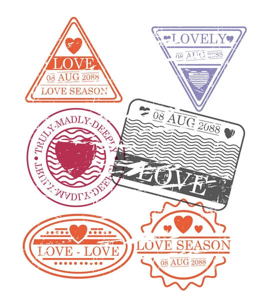 Γραμματόσημα σετ αγάπη σεζόν στο πολύχρωμο σιλουέτα — Διανυσματικό Αρχείο