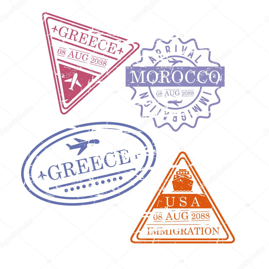 airplane travel stamps greece morocco usa in colorful silhouette