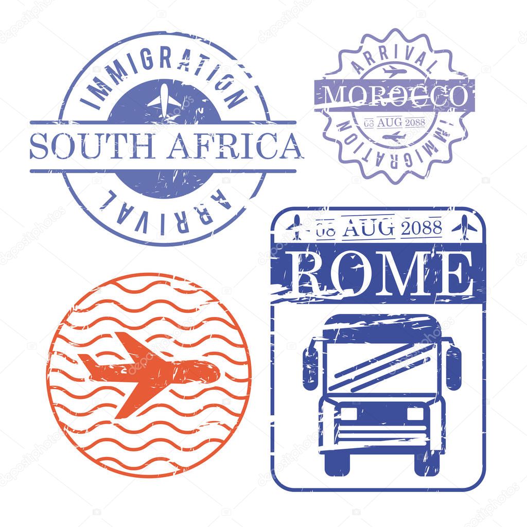 airplane and bus travel stamps south africa morocco and rome in colorful silhouette