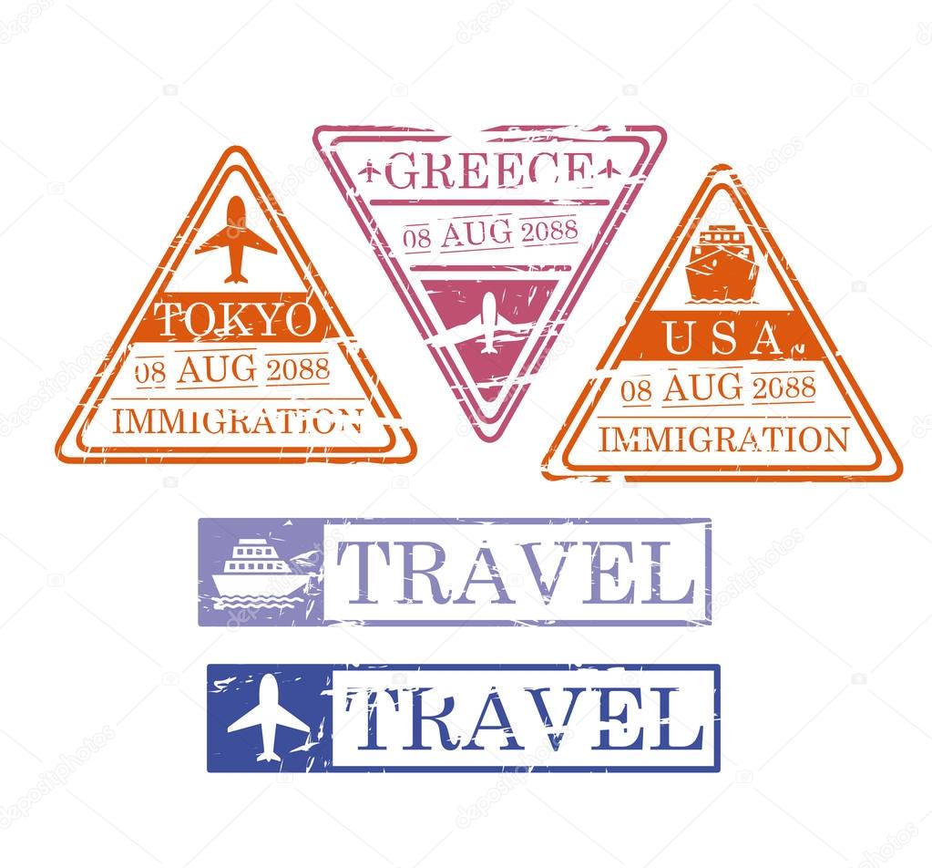 ship and airplane travel stamps in triangular and rectangular shape of tokio greece and usa in colorful silhouette