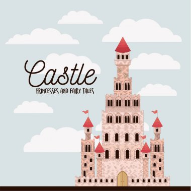 Poster pembe kale prensesler ve masal kalesi ve renkli gökyüzü arka plan ile