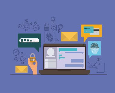 dizüstü bilgisayar ve menekşe rengi arka planda güvenli apps ile hareket eden güvenlik