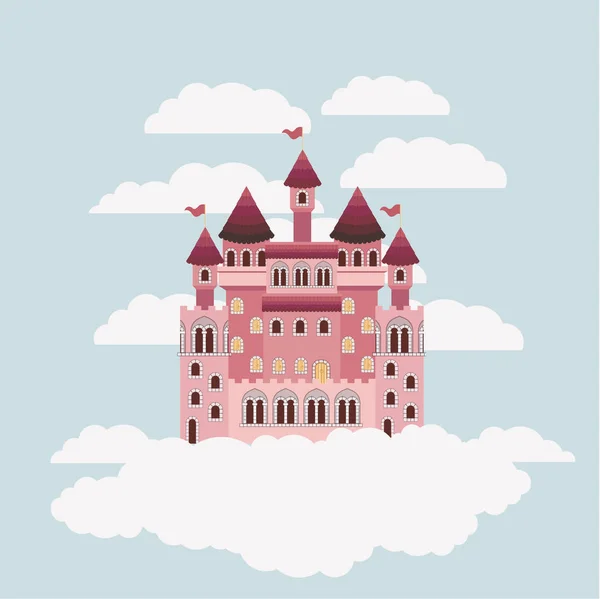 Château coloré de contes de fées dans le ciel entouré de nuages — Image vectorielle