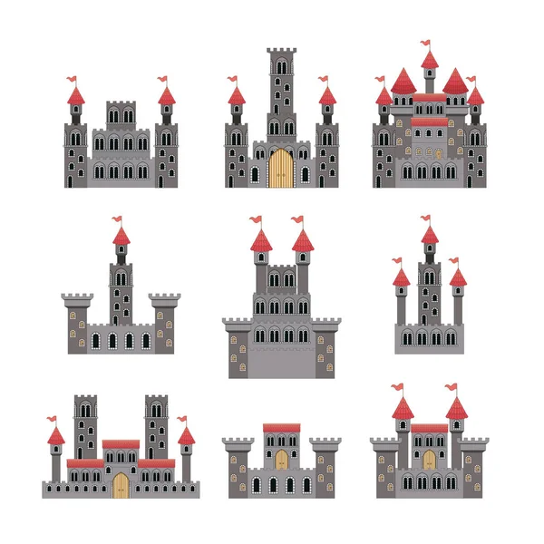 Conjunto de castelos de contos de fadas em fundo branco — Vetor de Stock