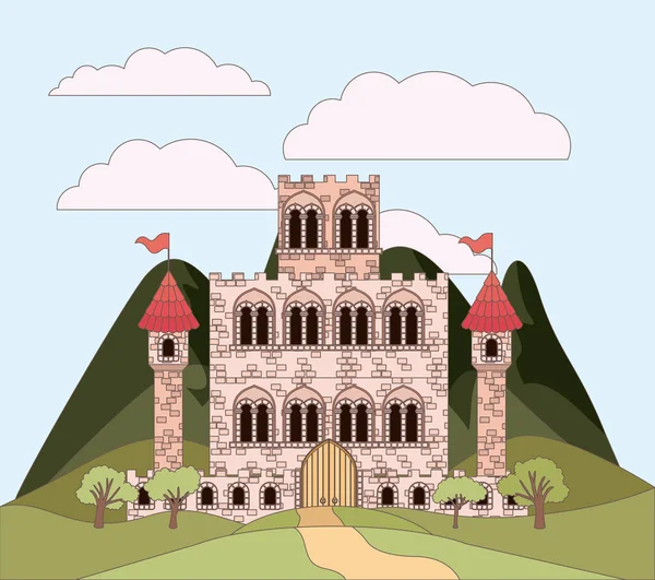 Paisagem com montanhas e castelo de princesas em silhueta colorida — Vetor de Stock