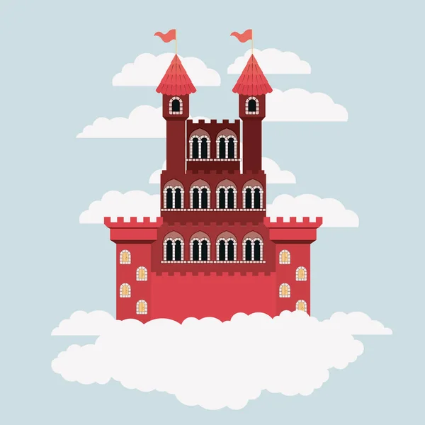 Masal renkli siluet bulutlarda çevrili gökyüzünde kırmızı kale — Stok Vektör