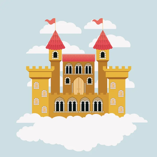 Château jaune de contes de fées dans le ciel entouré de nuages en silhouette colorée — Image vectorielle